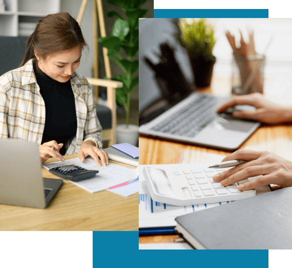 Woman using calculator and laptop while reviewing financial documents at desk